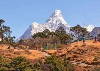 Trekkers from Heaven Himalaya looking at Mount Ama Dabalm during their Everest View Trek also known as the Everest Panorama Trek